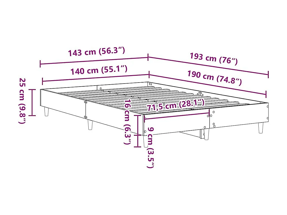 Cadre de lit sans matelas gris béton 140x190 cm bois ingénierie