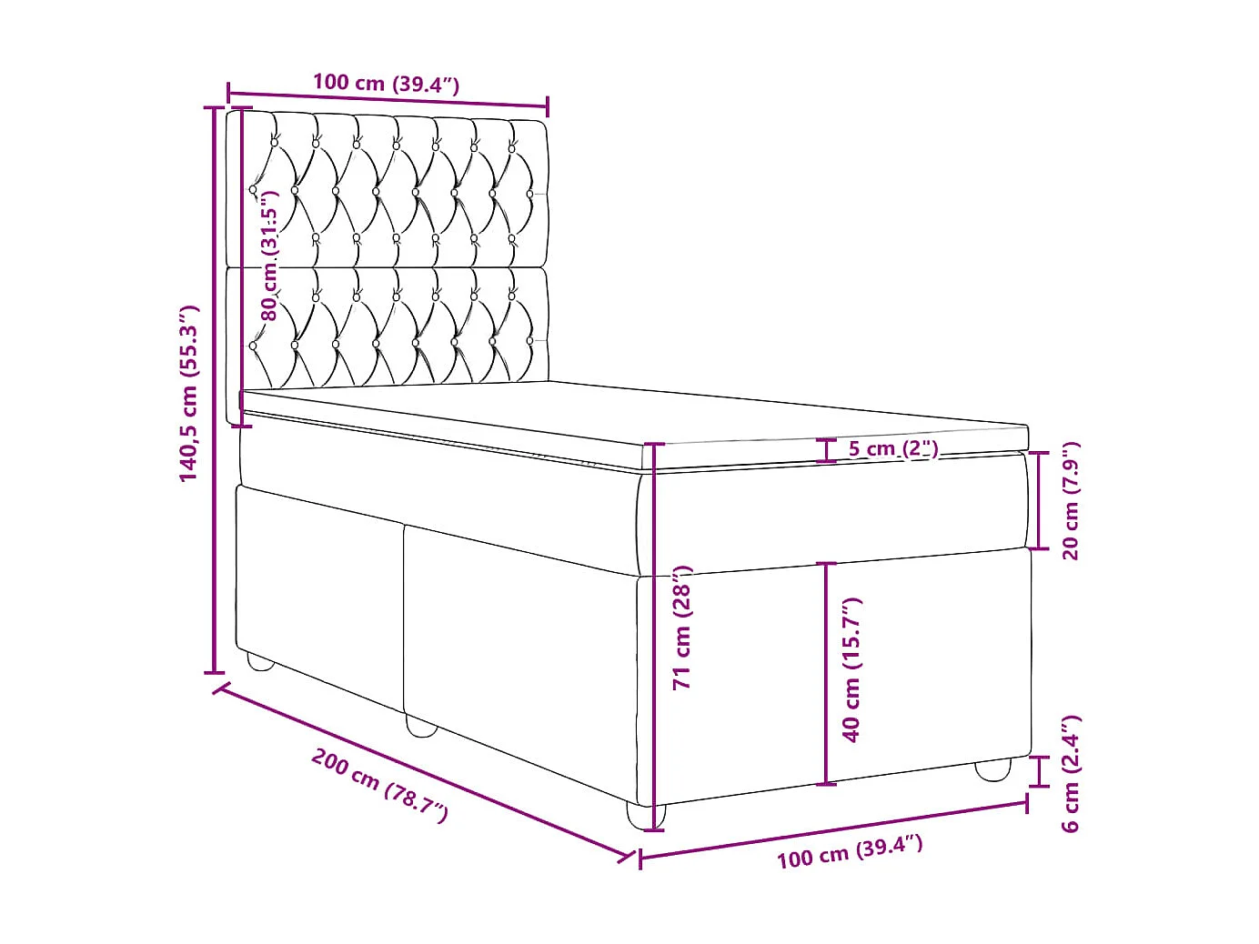 Cama box spring con colchón tela azul 100x200 cm