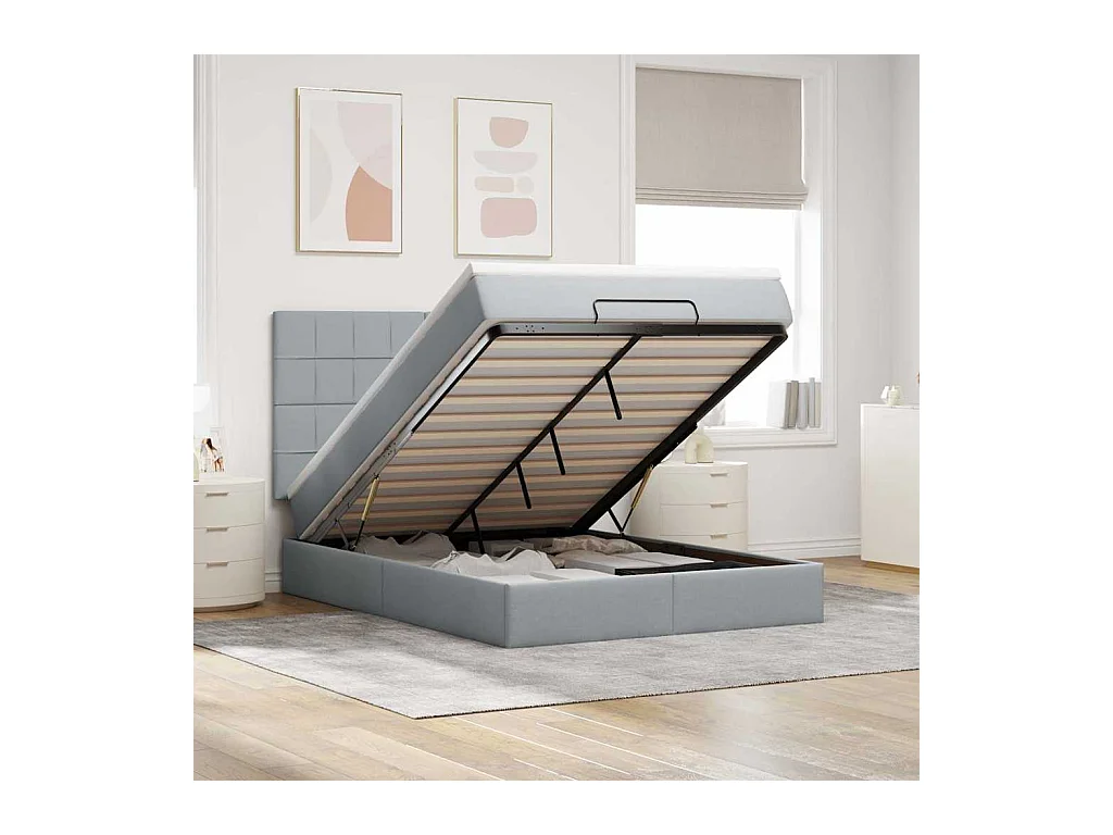 Cadre de lit ottoman et matelas gris clair 140x190 cm tissu