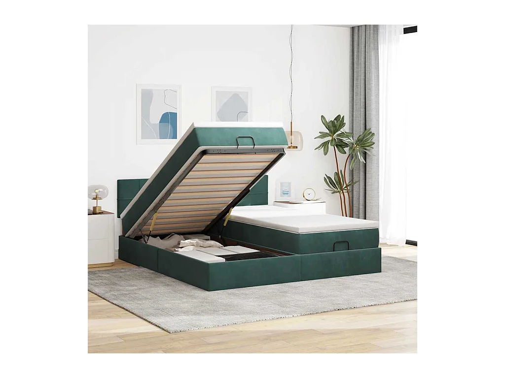 Cadre de lit ottoman avec matelas vert foncé 180x200cm velours