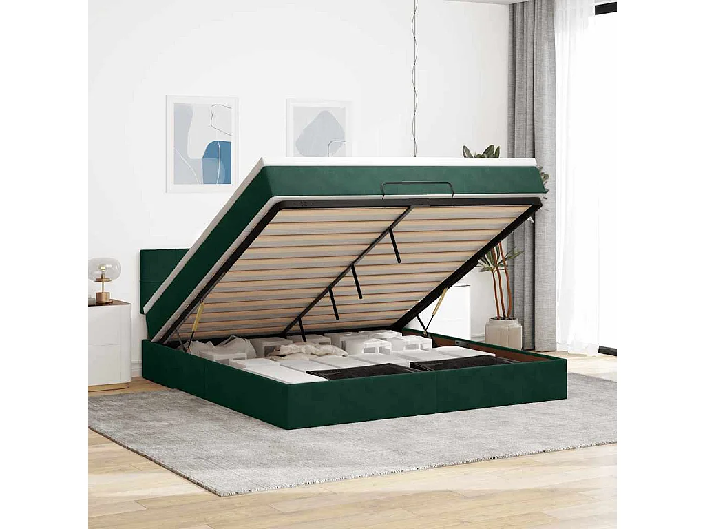 Ottoman-Bett mit Matratze & LEDs Dunkelgrün 160x200 cm Samt