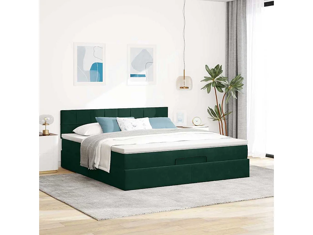 Ottoman-Bett mit Matratze & LEDs Dunkelgrün 160x200 cm Samt