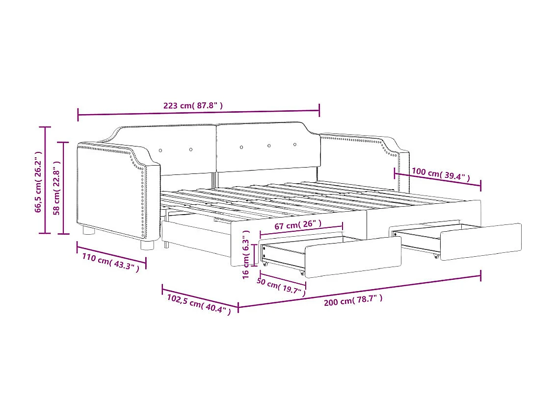 Slaapbank onderschuifbed en lades 100x200 cm stof lichtgrijs