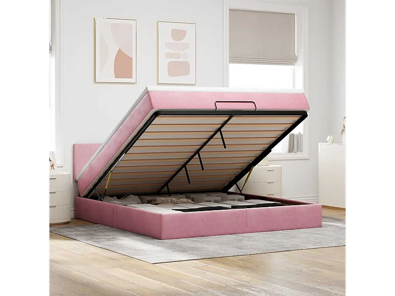Estrutura de cama otomana com colchão 160x200 cm veludo rosa