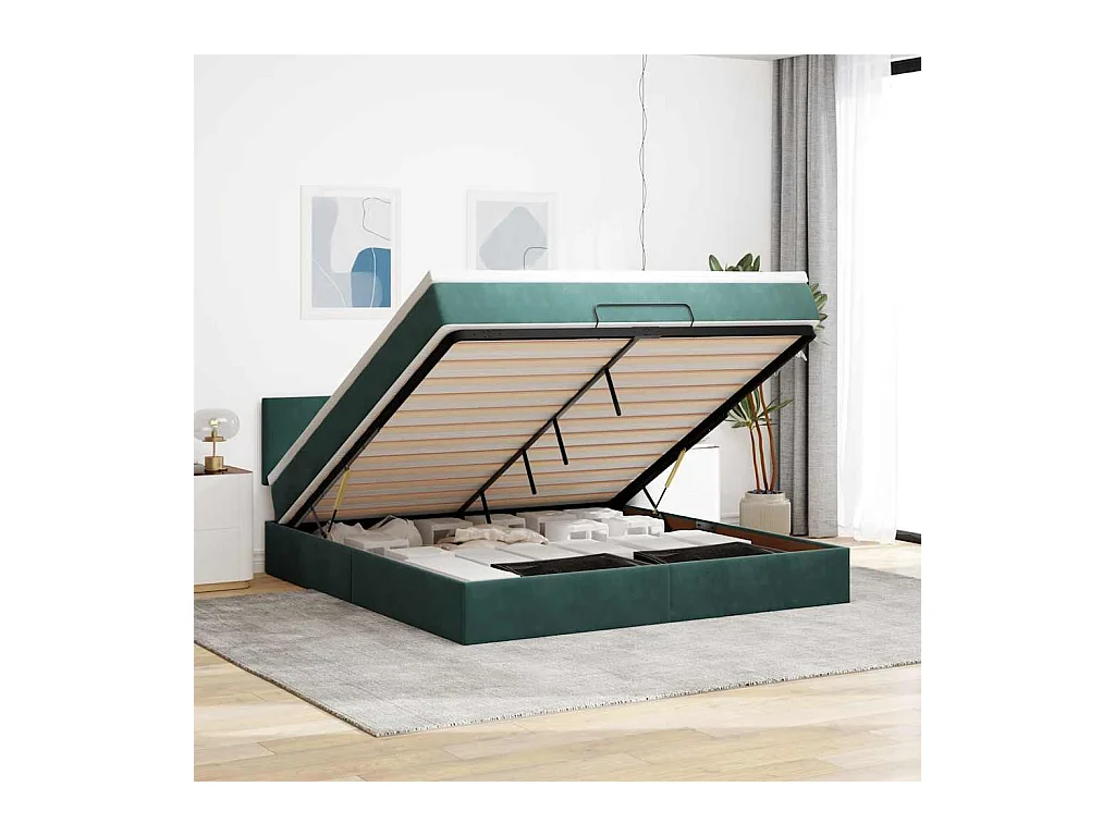 Cadre de lit ottoman avec matelas vert foncé 160x200 cm velours