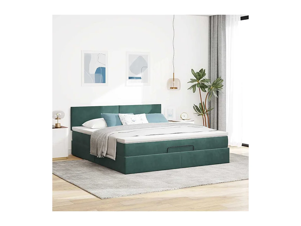 Cadre de lit ottoman avec matelas vert foncé 160x200 cm velours