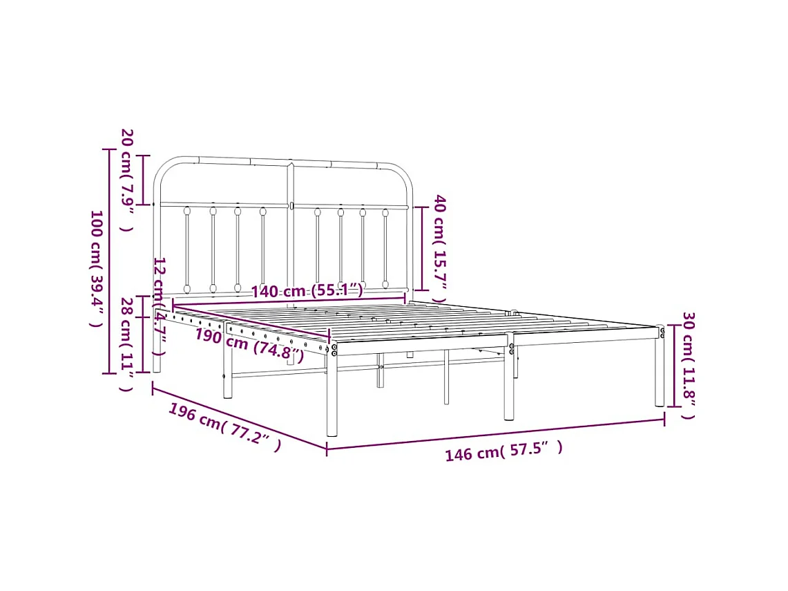 Cadre de lit métal sans matelas et tête de lit blanc 140x190 cm
