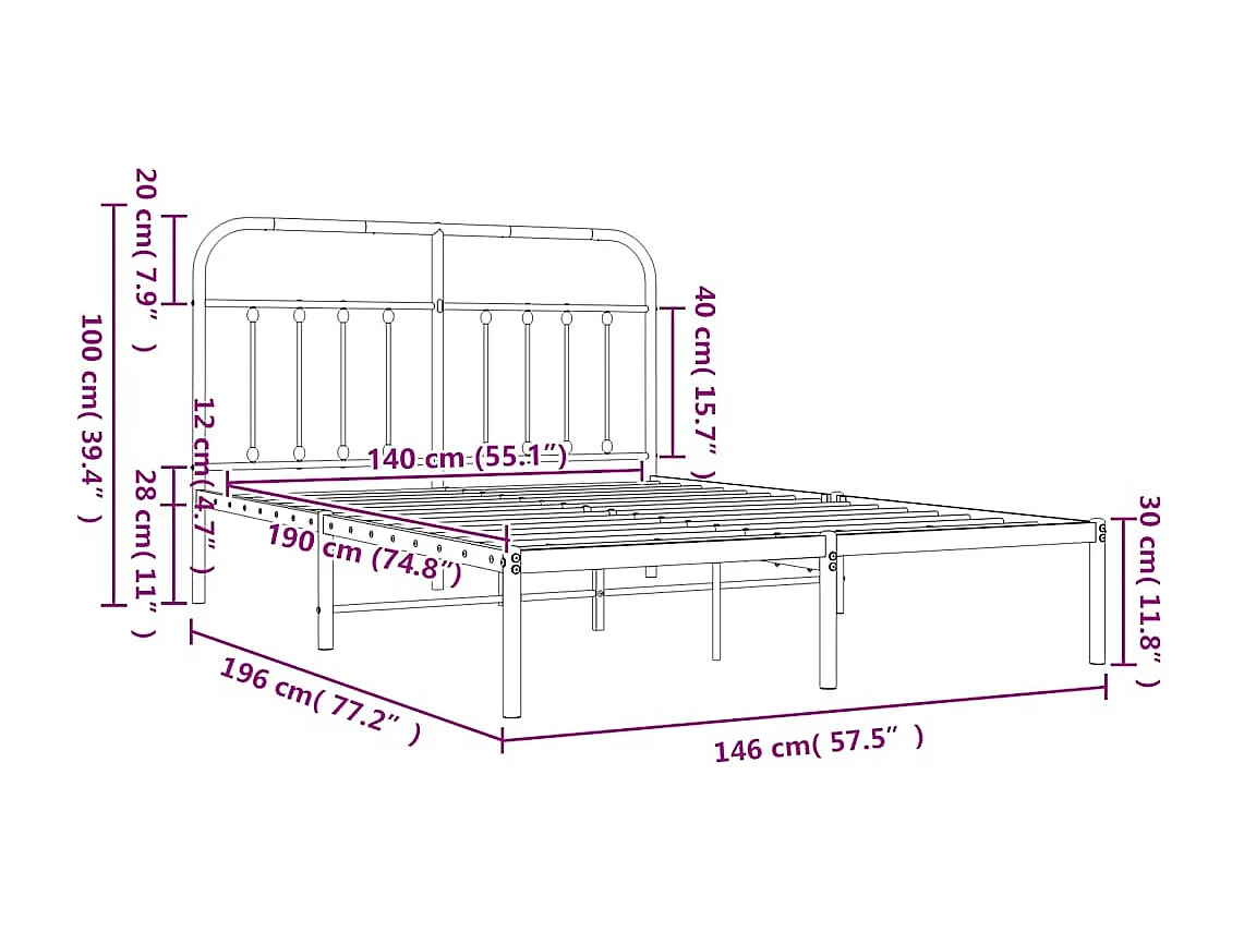 Bedframe met hoofdbord metaal wit 140x190 cm
