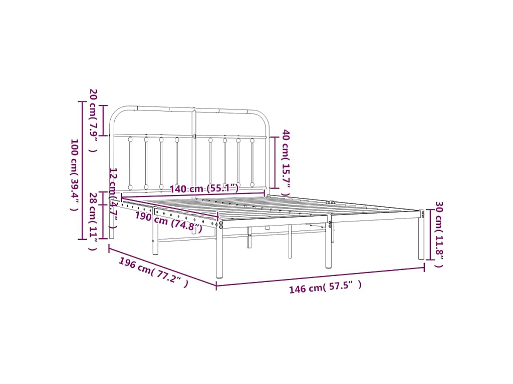Cadre de lit métal sans matelas et tête de lit blanc 140x190 cm
