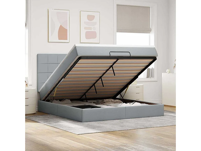 Cadre de lit ottoman et matelas gris clair 160x200cm tissu