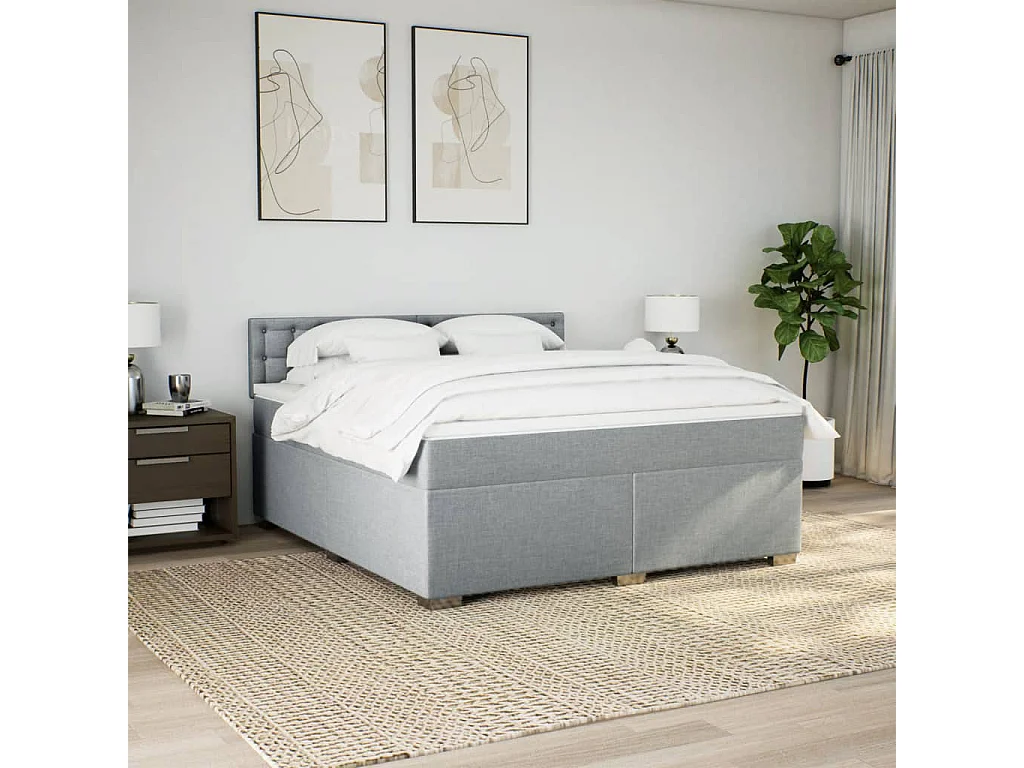 Cama box spring con colchón tela gris claro 180x200 cm