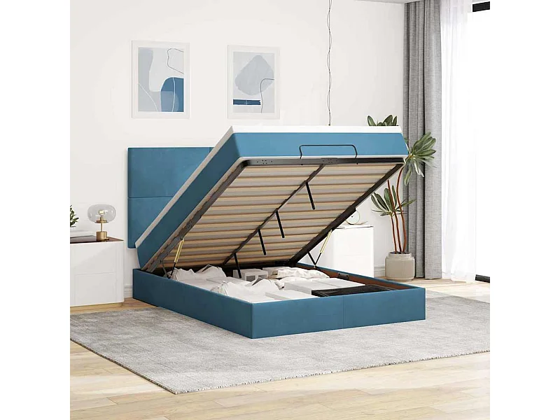 Estructura de cama otomana con colchones terciopelo azul oscuro