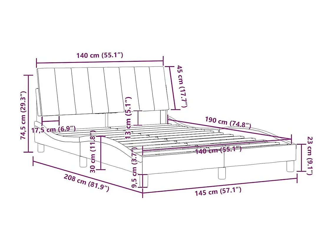 Cadre de lit sans matelas Hanko noir 140x190 cm velours