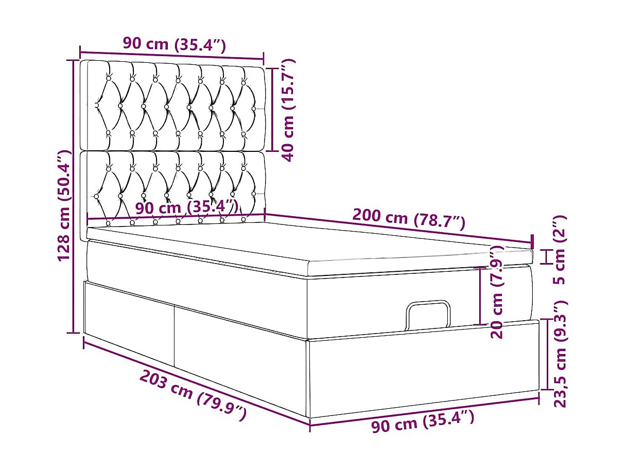 Cadre de lit ottoman et matelas gris foncé 90x200 cm velours