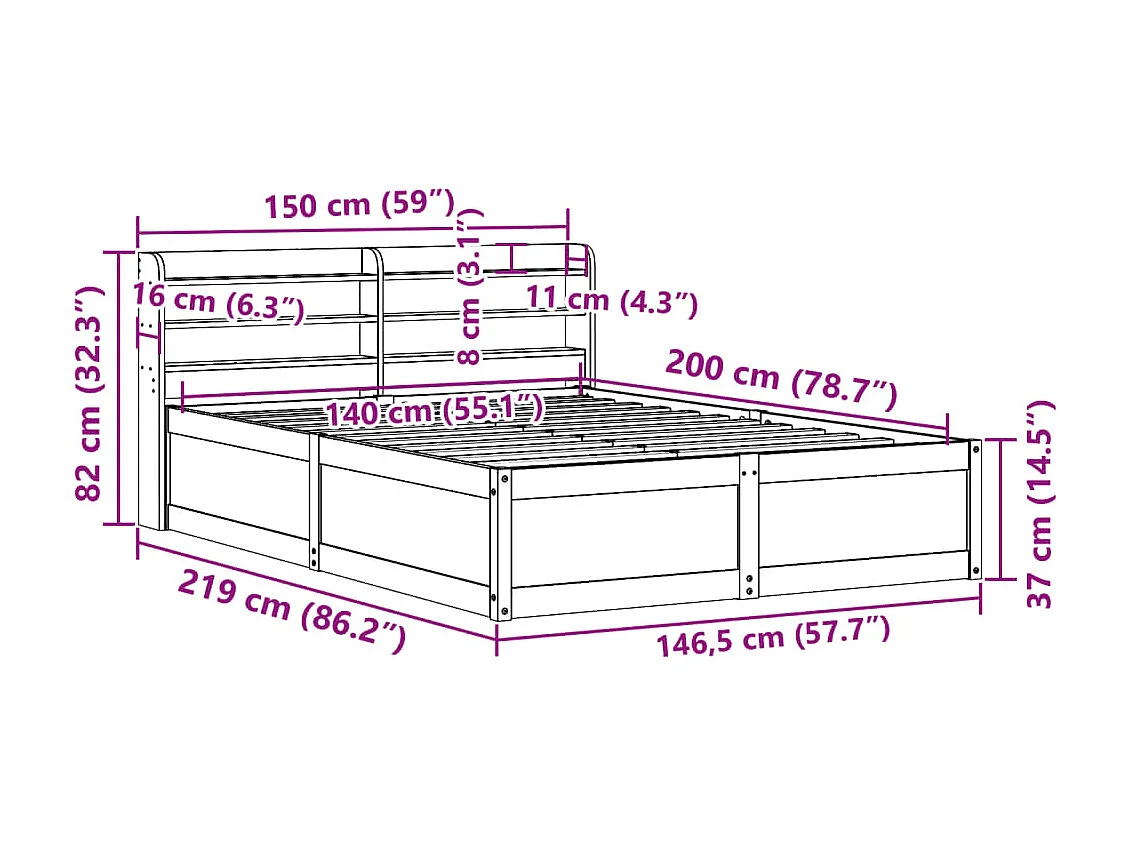 Bedframe met hoofdbord massief grenenhout wit 140x200 cm
