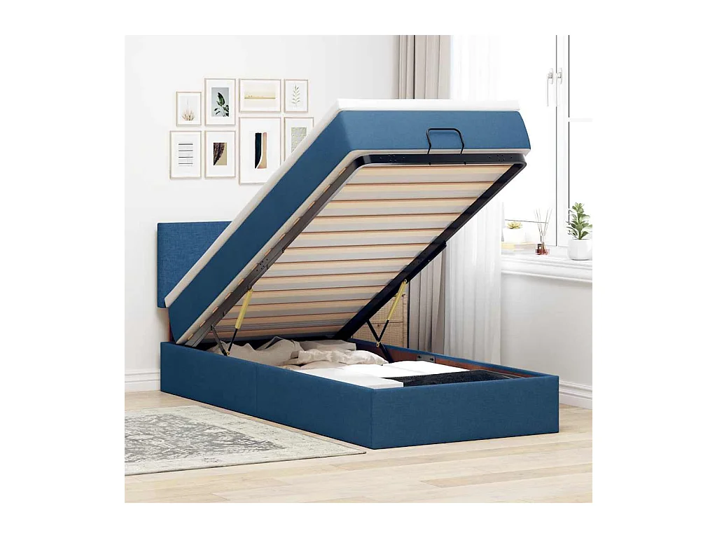 Ottomane Bett mit Matratze & LEDs Blau 90x200 cm Stoff