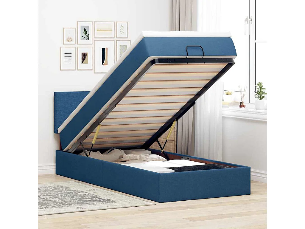 Pouf Letto con Materasso e LED Blu 90x200 cm in Tessuto