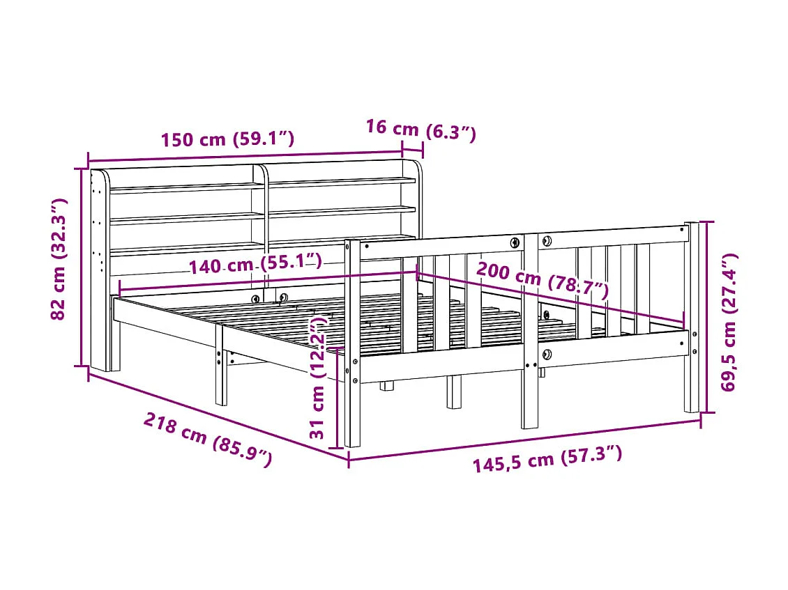 Estrutura de cama c/ cabeceira sem colchão 140x200 cm branco