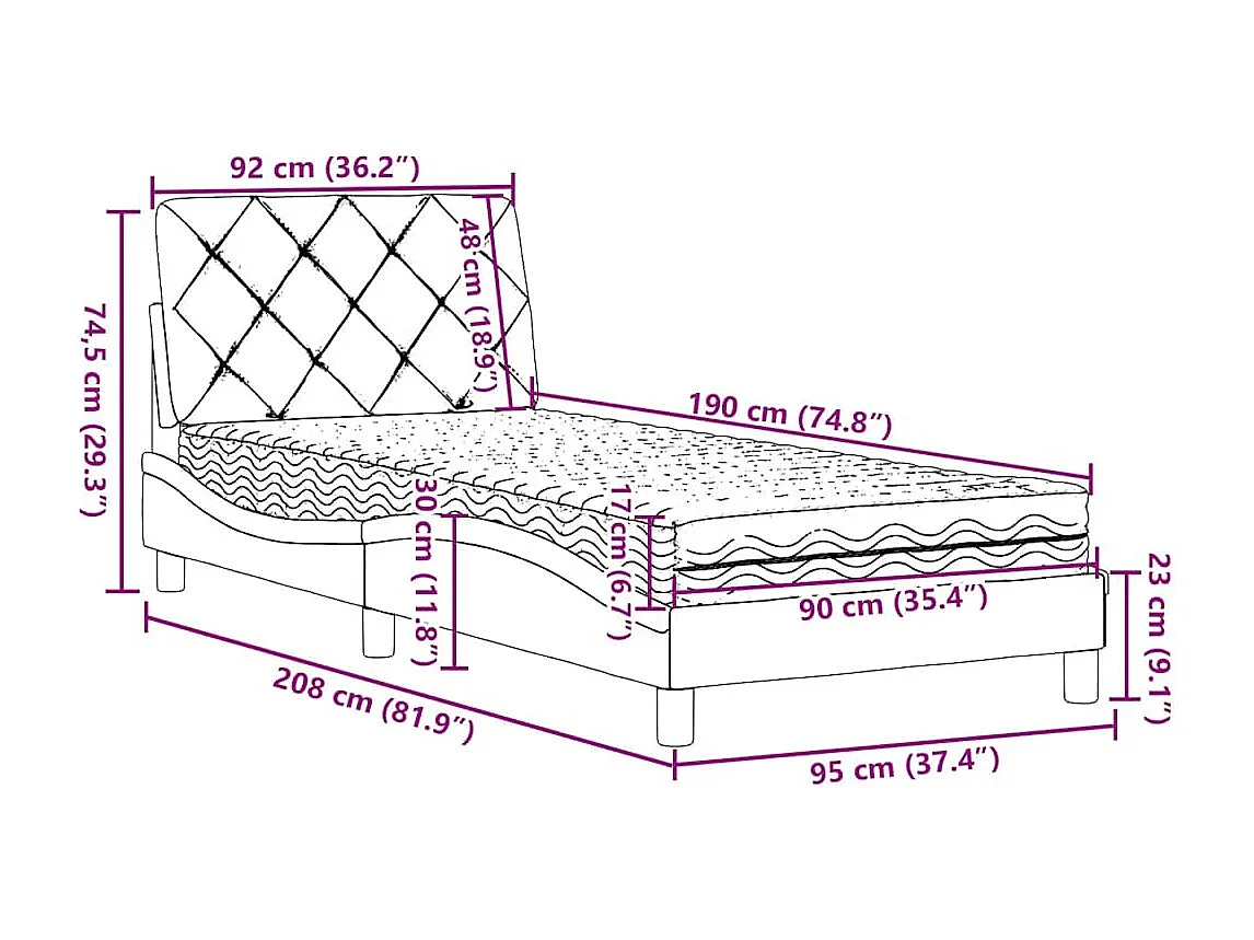 Cama con colchón tela gris oscuro 90x190 cm