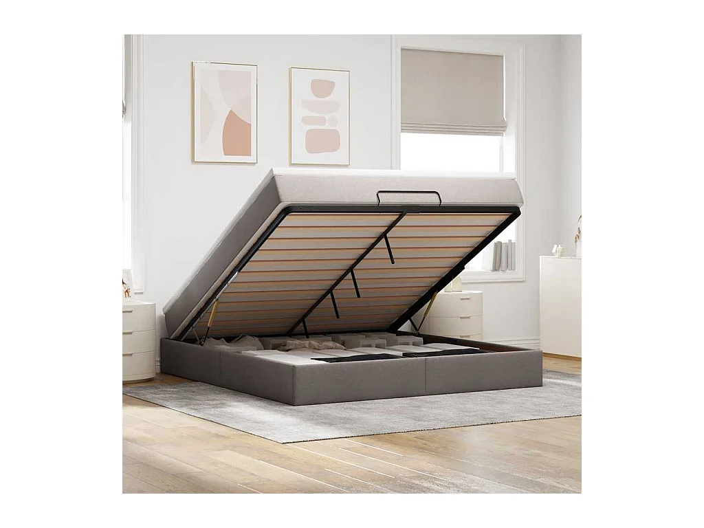 Cadre de lit ottoman avec matelas taupe 160x200 cm tissu