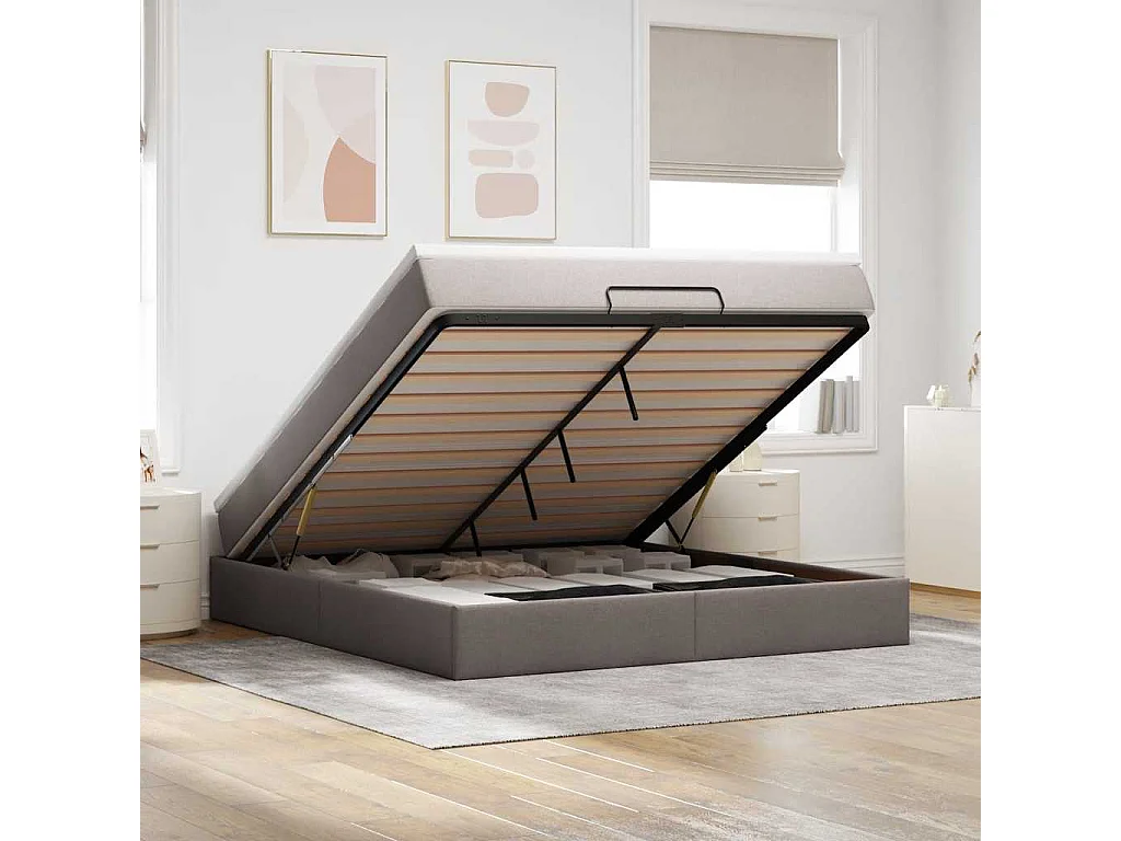 Cadre de lit ottoman avec matelas taupe 160x200 cm tissu