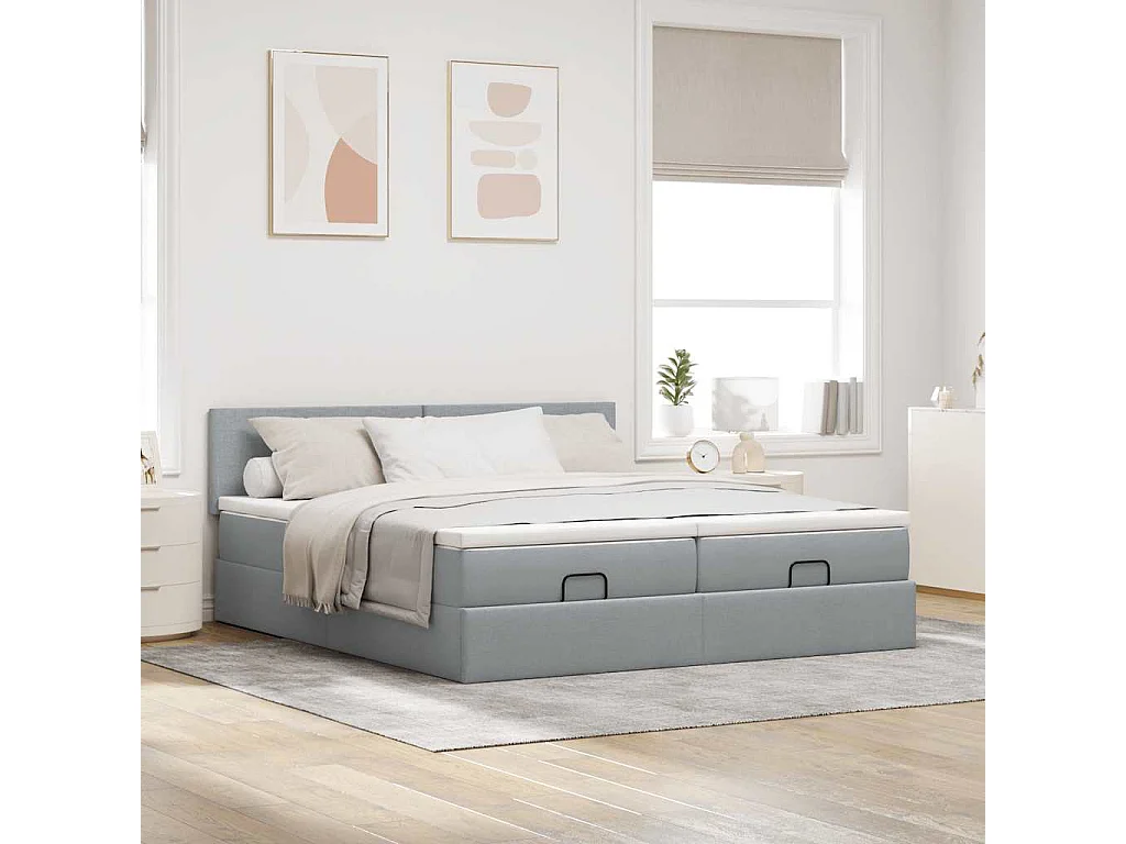 Cadre de lit ottoman et matelas gris clair 160x200cm tissu