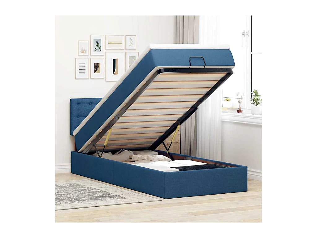 Ottomane Bett mit Matratze & LEDs Blau 90x200 cm Stoff