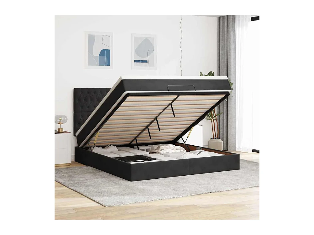 Cadre de lit ottoman avec matelas noir 160x200 cm velours