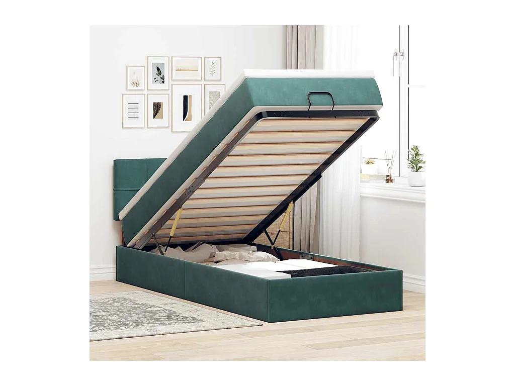 Lit ottoman avec matelas et LED Vert foncé 90x200cm velours
