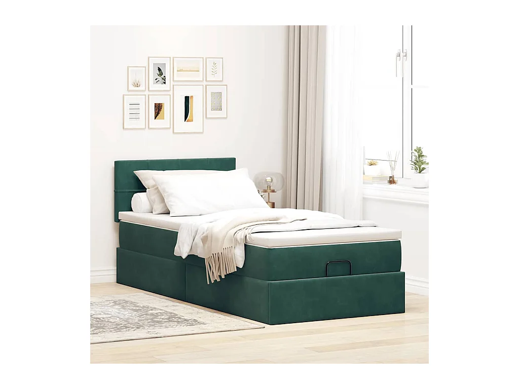 Lit ottoman avec matelas et LED Vert foncé 90x200cm velours