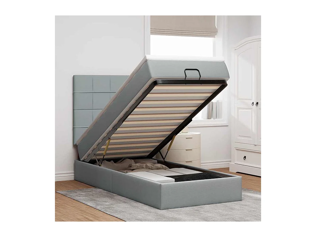 Ottomane Bett mit Matratze & LEDs Hellgrau 90x200 cm Stoff