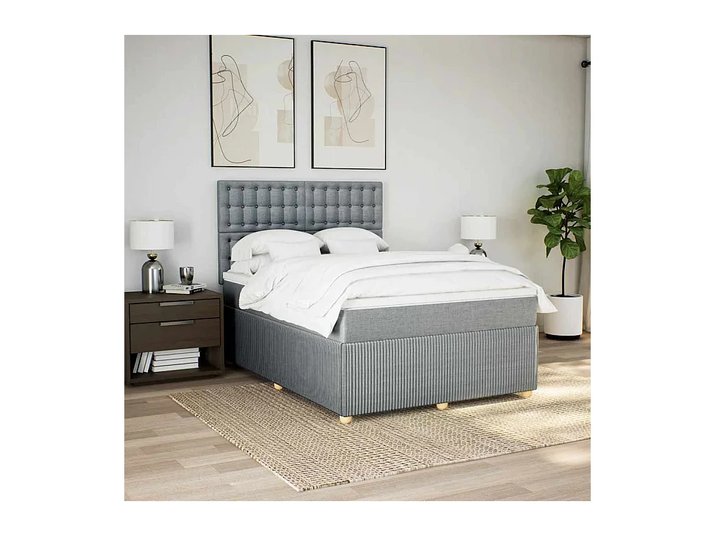 Cama box spring con colchón tela gris claro 140x190 cm