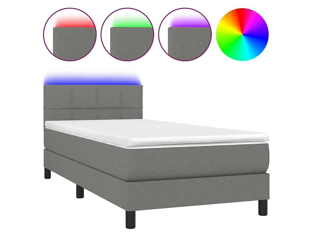 Cama box spring c/ colchão e LED 90x190 cm tecido cinza-escuro
