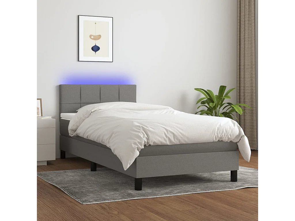 Cama box spring c/ colchão e LED 90x190 cm tecido cinza-escuro