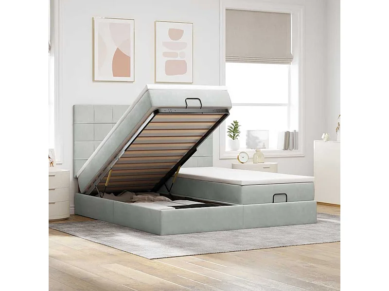 Estructura cama otomana colchones terciopelo gris claro