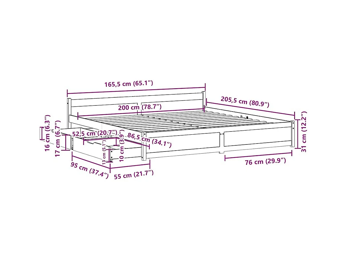 Cadre de lit sans matelas 160x200 cm bois massif de pin
