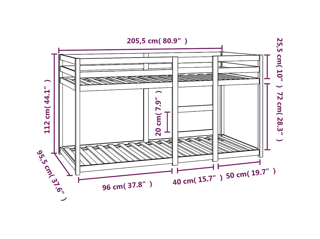 Lit superposé sans matelas 90x200 cm bois de pin massif
