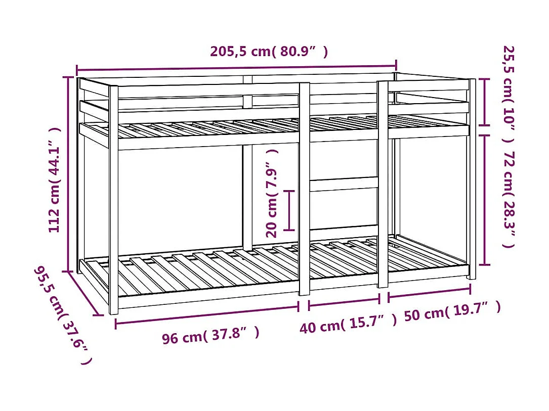 Lit superposé sans matelas 90x200 cm bois de pin massif