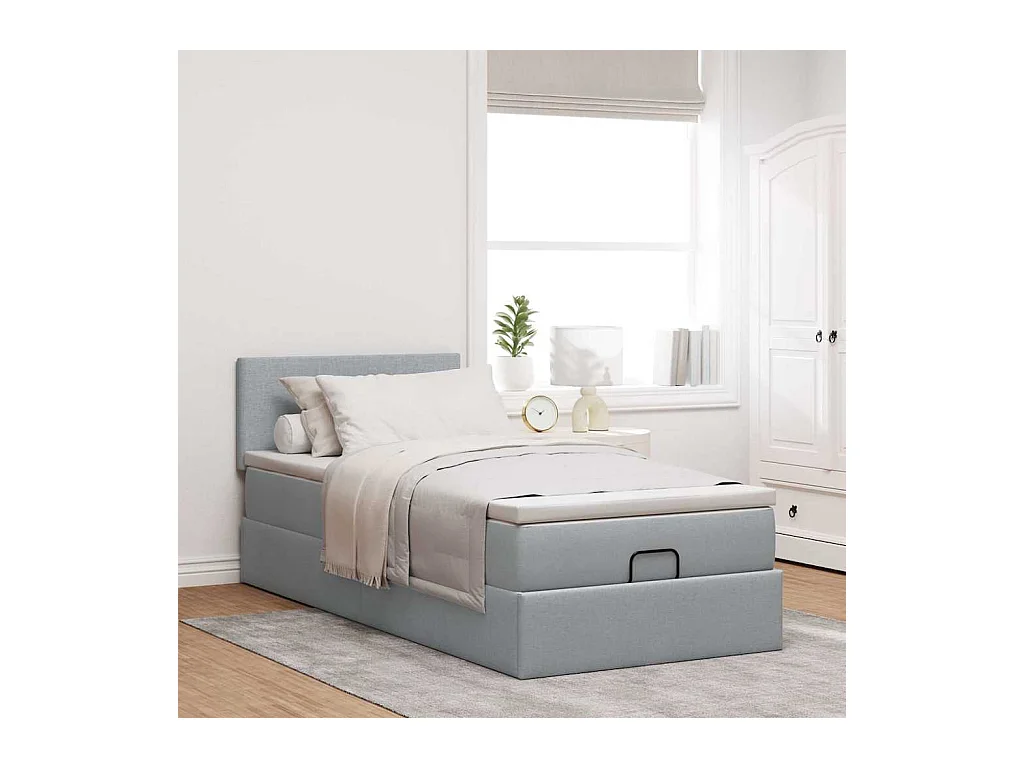 Lit ottoman avec matelas et LED gris clair 90x200 cm tissu