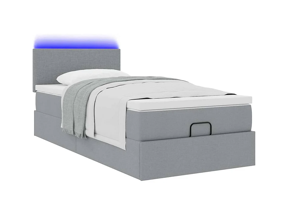 Lit ottoman avec matelas et LED gris clair 90x200 cm tissu