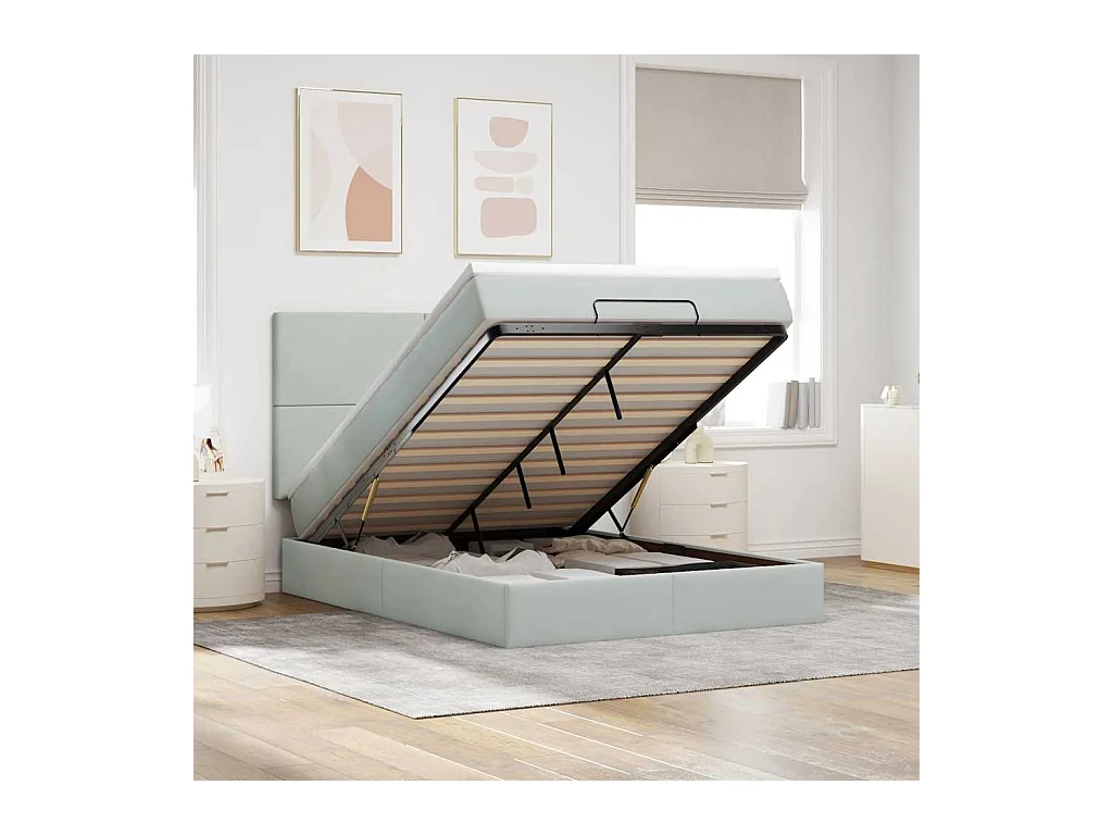 Cadre de lit ottoman et matelas gris clair 140x190 velours