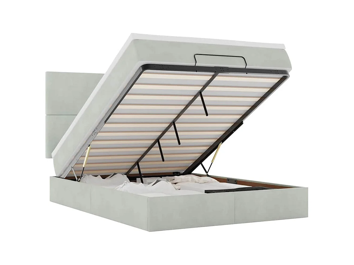 Cadre de lit ottoman et matelas gris clair 140x190 velours