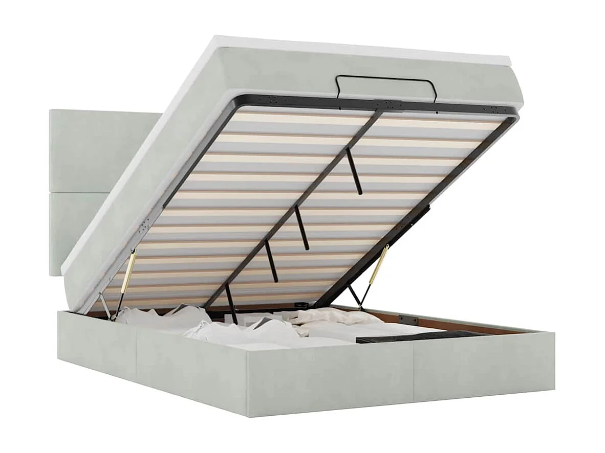 Cadre de lit ottoman et matelas gris clair 140x190 velours