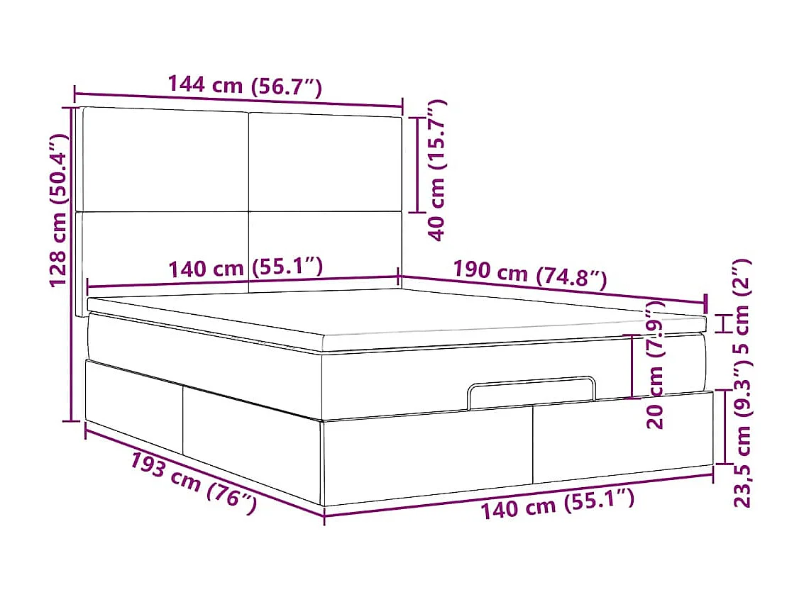 Cadre de lit ottoman et matelas gris clair 140x190 velours