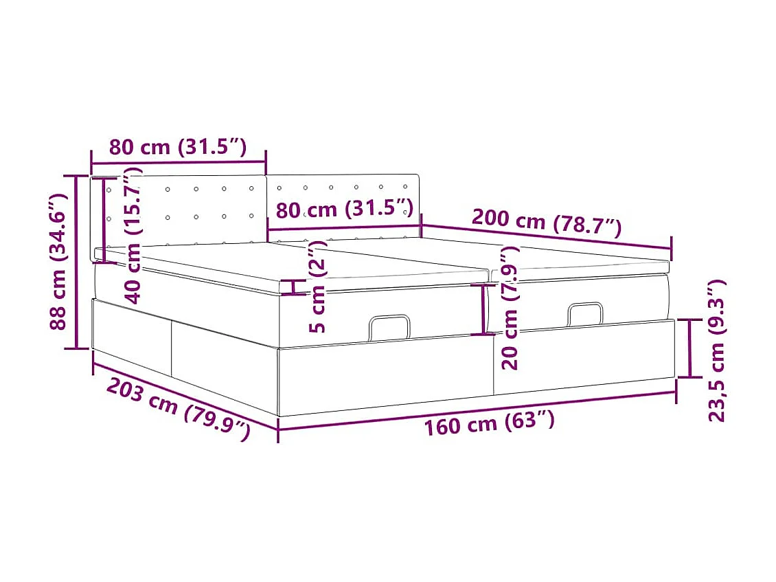 Cadre de lit ottoman et matelas gris clair 160x200cm velours