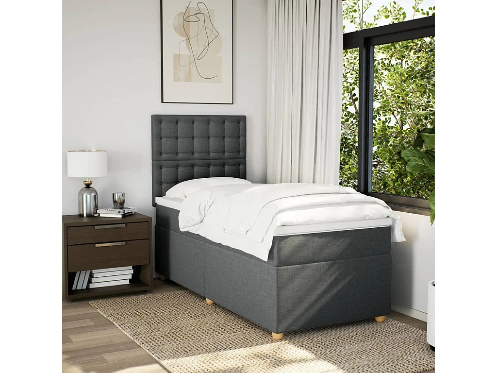 Cama box spring con colchón tela gris oscuro 100x200 cm