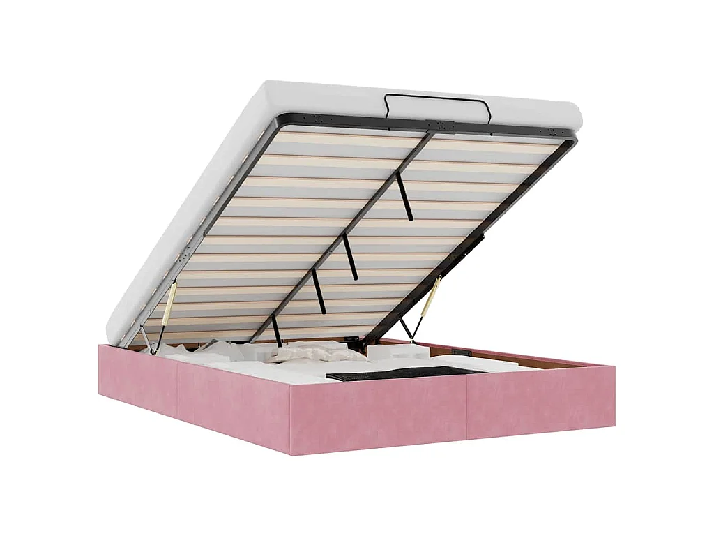 Estructura cama otomana sin colchón terciopelo rosa 140x190 cm