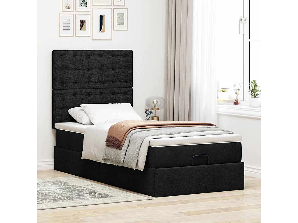 Cadre de lit ottoman avec matelas noir 100x200cm tissu