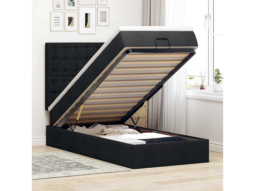 Cadre de lit ottoman avec matelas noir 100x200cm tissu