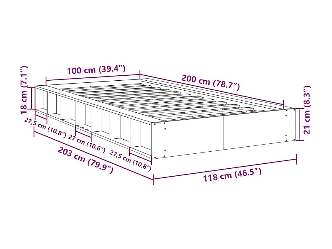 Cadre de lit sans matelas 100x200 cm bois massif de chêne